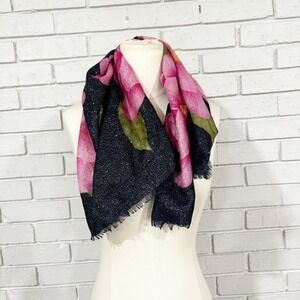 Floral Metallic Shimmer Scarf Navy Blue Pink Flower Eyelash Fringe Shawl Wrap
